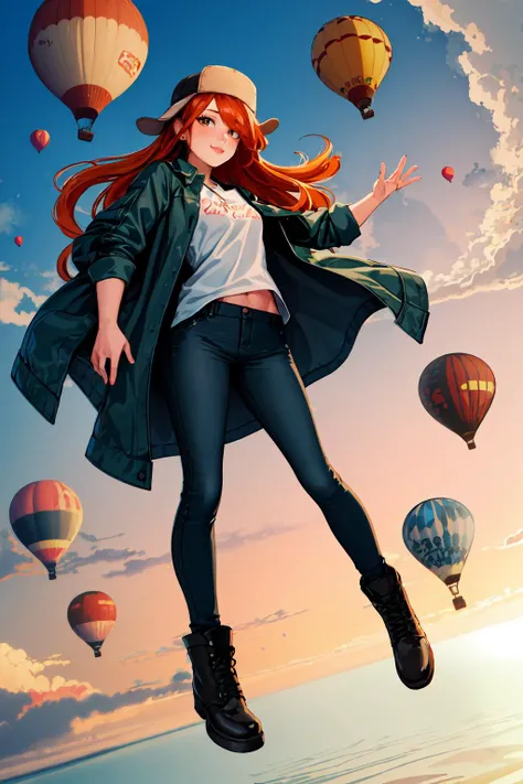 masterpiece, best quality, highres, 1girl, solo, wendy corduroy, orange hair, hat, pants, jeans, jacket, <lora:wendy_corduroy:0.7>, looking at viewer, hot air balloon, floating overhead, aerial views, colorful, <lora:add_detail:0.3>