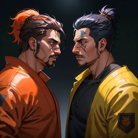 two men in orange jackets facing each other with their faces close