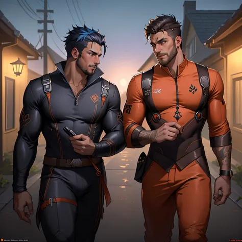 two  handsome men wearing skimpy Halloween costumes going around suburban neighbourhood treat and tricking, insanely detailed, front view, symmetrical, octane render, concept art, abstract, artistic, 8k, cinematic, trending on artstation, unreal engine 5, ...