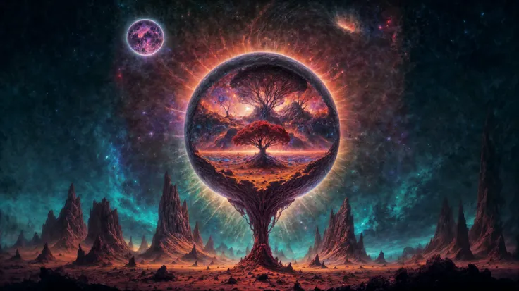 a painting of a tree in the middle of a desert with a planet in the background