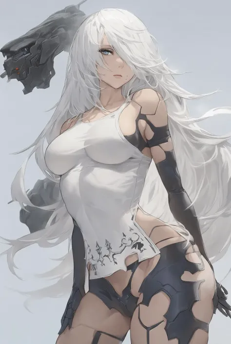 <lora:a2:1>,masterpiece,best quality,tank_top,1girl,science_fiction,upper_body,highres,a2_(nier:automata),robot,solo,expressionless,grey_background,hair_over_one_eye,android,<lora:detailed_notrigger:1>,full_body,high heels,mole_under_mouth,