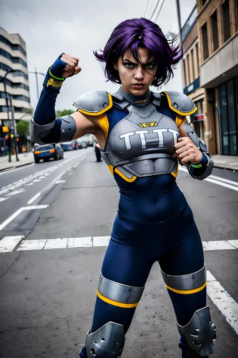 Konoko, purple hair with bangs, green eyes, navy blue bodysuit,grey shoulder pads, knee pads, grey breastplate, ,fingerless gloves, serious, angry, fighting pose, fist, standing, outside, city, street, overcast,  high quality, masterpiece, <lora:Konoko:.7>