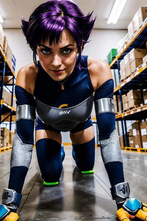 Konoko, purple hair with bangs, green eyes, navy blue bodysuit,grey shoulder pads, knee pads, grey breastplate, ,fingerless gloves, looking at viewer, serious, smirk, on all fours, inside, warehouse, shelves, bright lighting, from_below, high quality, mast...