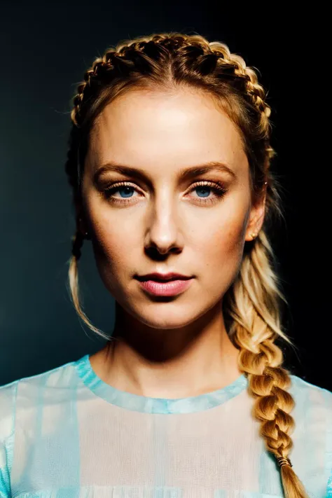 a woman with a braid in her hair and a blue dress