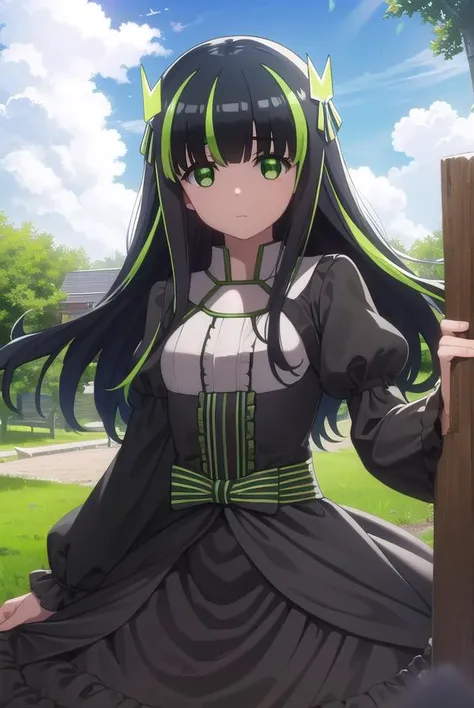 bofurimay, <lora:bofuri may s2-lora-nochekaiser:1>,
may, long hair, bangs, black hair, hair ornament, bow, (green eyes:1.5), multicolored hair, green hair, two-tone hair, streaked hair,
BREAK long sleeves, dress, frills, striped, puffy sleeves, black dress...