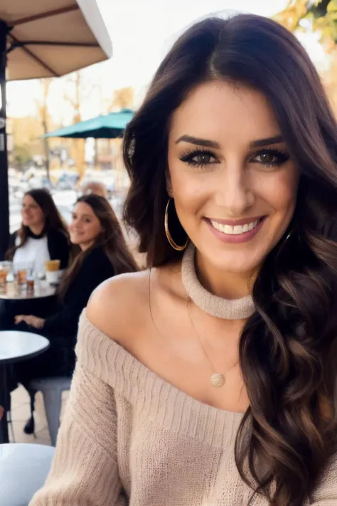 shg piercing eyes, looking straight, very happy,long hair, wearing an off-shoulder sweater, choker, closeup portrait, in a outdoor cafe in 2015, afternoon light, <lyco:ShenaeG-RealVision-V1.0:1.0>