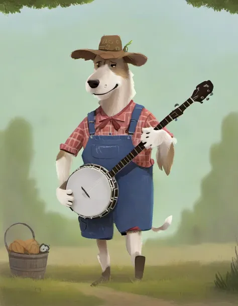 r4y, flatee, shadee, character, an old dog dressed as a farmer playing banjo, relaxed, far<lora:DIGIXL_0.1_RC:0.9>