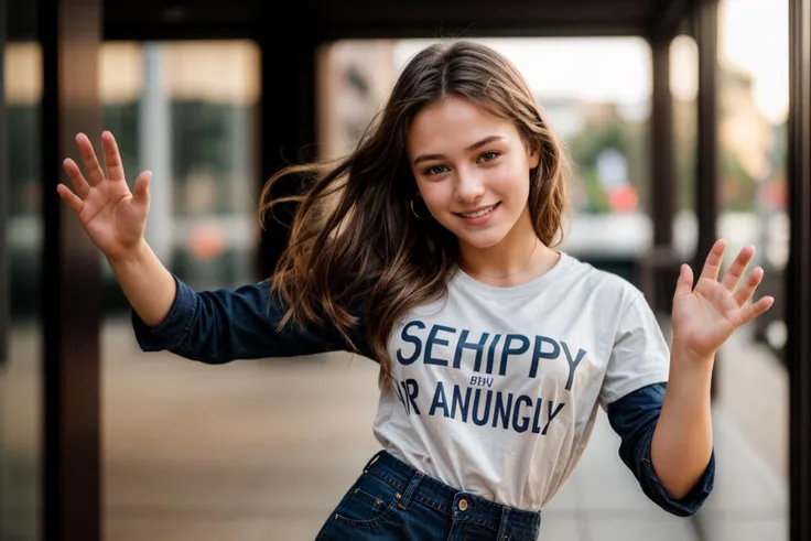 photo of a 18 year old girl,dancing,happy,shirt,pants,ray tracing,detail shadow,shot on Fujifilm X-T4,85mm f1.2,sharp focus,depth of field,blurry background,bokeh,motion blur,motion lines,<lora:add_detail:1>,