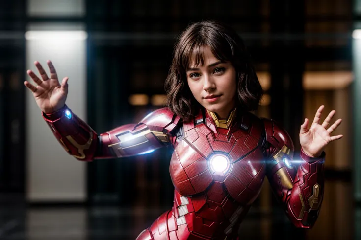 marvel movies,photo of a 18 year old girl,ironman,dancing,happy,ray tracing,detail shadow,shot on fujifilm x-t4,85mm f1.2,sharp ...