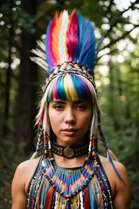 A stunning intricate full color portrait of (sks woman:1) as native american warrior, beaded leather outfit, rainbow Mohawk haircut, epic character composition, by ilya kuvshinov, alessio albi, nina masic, sharp focus, natural lighting, subsurface scatteri...