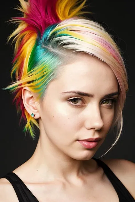 portrait of sks woman by Flora Borsi, style by Flora Borsi, bold, bright colours, rainbow Mohawk haircut, ((Flora Borsi)), <lyco:locon_alanahpearce_v1_from_v1_64_32:1.0>