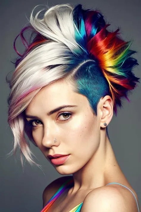 portrait of sks woman by Flora Borsi, style by Flora Borsi, bold, bright colours, rainbow Mohawk haircut, ((Flora Borsi)), <lyco:locon_alanahpearce_v1_from_v1_64_32:1.0>