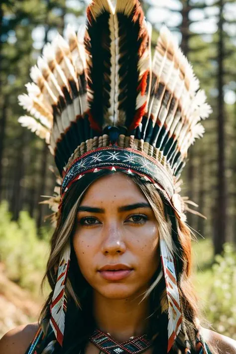 A stunning intricate full color portrait of (sks woman:1) as native american warrior, tribal headdress, epic character composition, by ilya kuvshinov, alessio albi, nina masic, sharp focus, natural lighting, subsurface scattering, f2, 35mm, film grain, <ly...