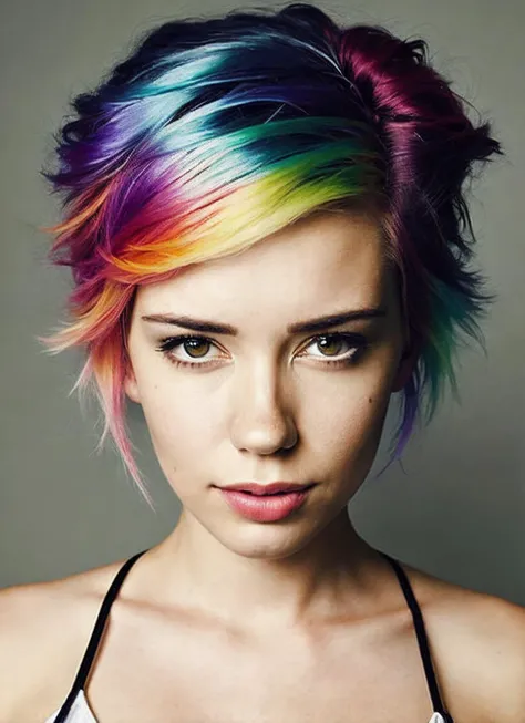 portrait of sks woman by Flora Borsi, style by Flora Borsi, bold, bright colours, rainbow Mohawk haircut, ((Flora Borsi)), <lora:locon_alanahpearce_v1_from_v1_64_32:1.25>