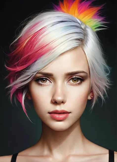 portrait of sks woman by Flora Borsi, style by Flora Borsi, bold, bright colours, rainbow Mohawk haircut, ((Flora Borsi)), <lora:locon_alanahpearce_v1_from_v1_64_32:1>