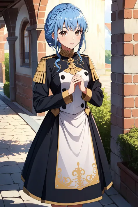 (masterpiece, best quality),  intricate details,
1girl,     <lora:marianne-03:0.8>marianne_von_edmund, 1girl, blue hair, solo, braid, brown eyes, crown braid, dress, long sleeves, garreg mach monastery uniform,
castle, sidewalk,