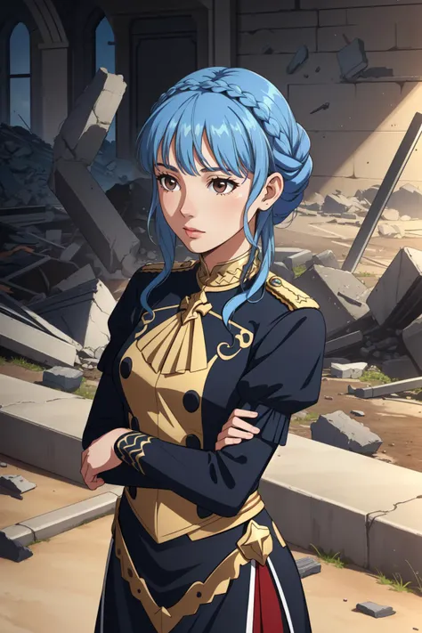 (masterpiece, best quality),  intricate details,
1girl,     <lora:marianne-03:0.8>marianne_von_edmund, 1girl, blue hair, solo, braid, brown eyes, crown braid, dress, long sleeves, garreg mach monastery uniform,
battlefield, battle, debris, rubble,