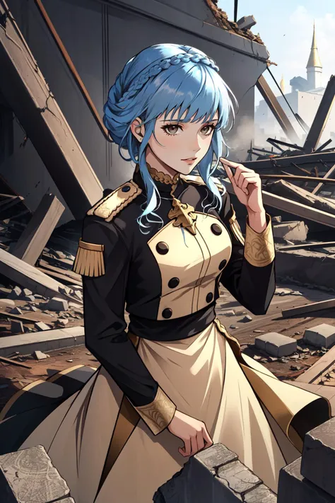 (masterpiece, best quality),  intricate details,
1girl,     <lora:marianne-03:0.8>marianne_von_edmund, 1girl, blue hair, solo, braid, brown eyes, crown braid, dress, long sleeves, garreg mach monastery uniform,
battlefield, battle, debris, rubble,