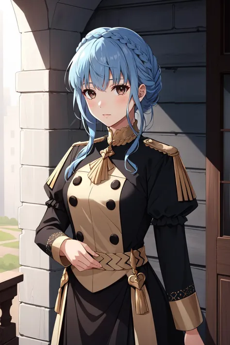 (masterpiece, best quality),  intricate details,
1girl,     <lora:marianne-03:0.8>marianne_von_edmund, 1girl, blue hair, solo, braid, brown eyes, crown braid, dress, long sleeves, garreg mach monastery uniform,