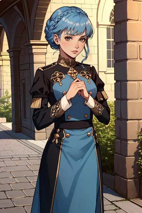 (masterpiece, best quality),  intricate details,
1girl,     <lora:marianne-03:0.8>marianne_von_edmund, 1girl, blue hair, solo, braid, brown eyes, crown braid, dress, long sleeves, garreg mach monastery uniform,
castle, sidewalk,