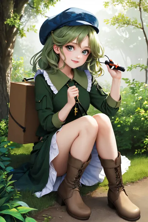 (masterpiece, best quality:1.2), <lyco:touhou_yamashiro-11:1.0>, cowboy shot, solo, 1girl, yamashiro takane, smile, looking at viewer, hat, flat cap, camouflage, frills, shirt, long sleeves, green skirt, boots, key, jungle