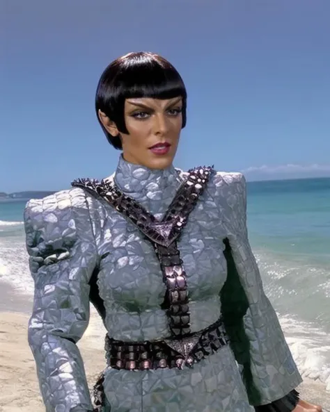 romulan, female, (rakal:1.1), marina sirtis, 27 years old, pointy ears, medium olive skin, (dark eyes:1.1), v-shaped brow ridge on forehead, short bob hair with straight bangs, slight smile, wearing red lipstick, wearing romulan uniform, wearing tal shiar ...