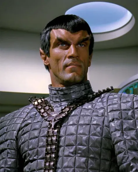 romulan, male, arnold schwarzenegger, pointy ears, medium olive skin, perfecteyes eyes, dark blue eyes, v-shaped brow ridge on forehead, short bob hair with straight bangs, wearing romulan uniform, wearing belted harness, silver clothing, standing in a off...