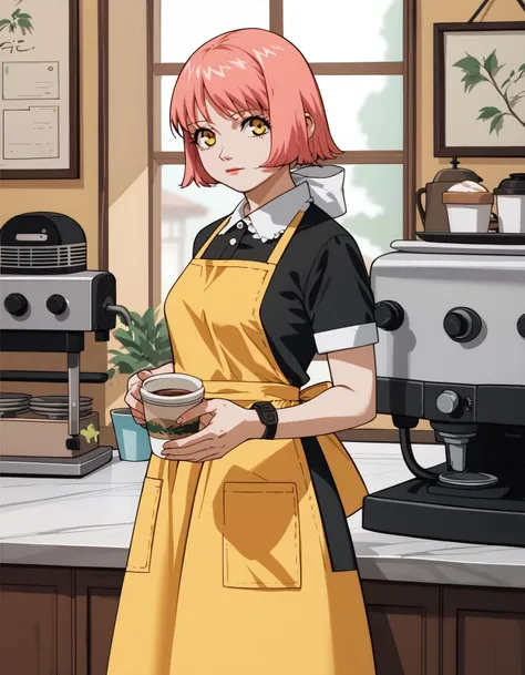 a woman in an apron holding a bowl of food in a kitchen