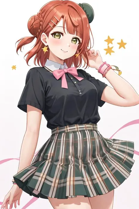 best quality, masterpiece, highres, solo, {uehara_ayumu_loveliveschoolidolfestivalallstars:1.15}, bangs, medium_hair, yellow_eyes, hair_bun, hair_ornament, single_side_bun, smile, blush, orange_hair, pink_hair, braid, swept_bangs, blunt_bangs, half_updo, g...