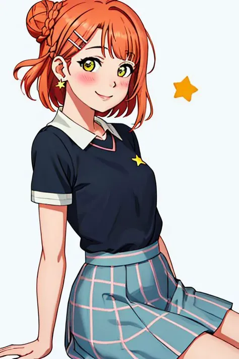 best quality, masterpiece, highres, solo, {uehara_ayumu_loveliveschoolidolfestivalallstars:1.15}, bangs, medium_hair, yellow_eyes, hair_bun, hair_ornament, single_side_bun, smile, blush, orange_hair, pink_hair, braid, swept_bangs, blunt_bangs, half_updo, g...