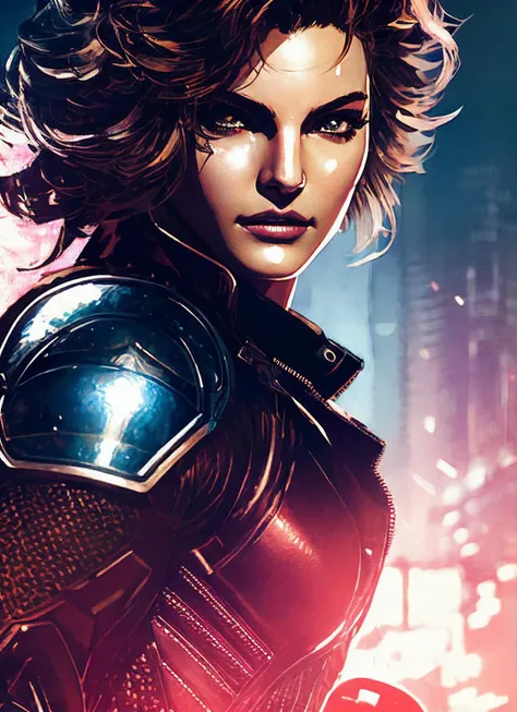 illustration of sks woman as thief in leather armor, smirk, beautiful detailed eyes, cinematic, drawn by Greg Rutkowski, Yoji Shinkawa:0.6, vibrant colors, <lora:locon_camren_v1_from_v1_64_32:1.25>