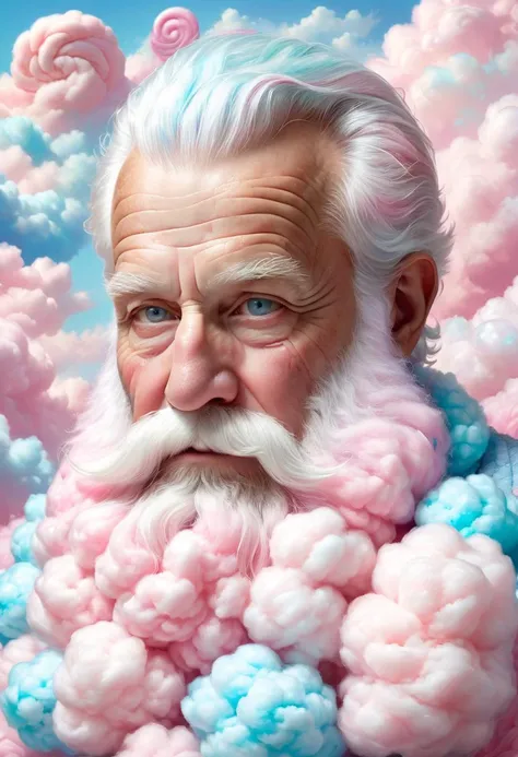 a man with a beard and a pink beard surrounded by clouds