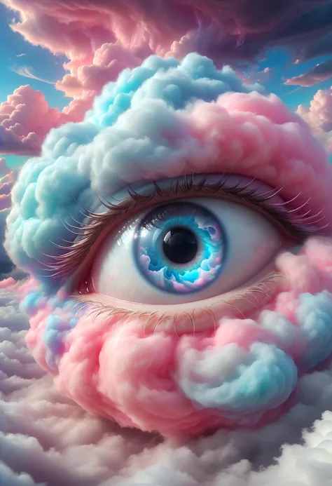 a close up of a person's eye with clouds in the background