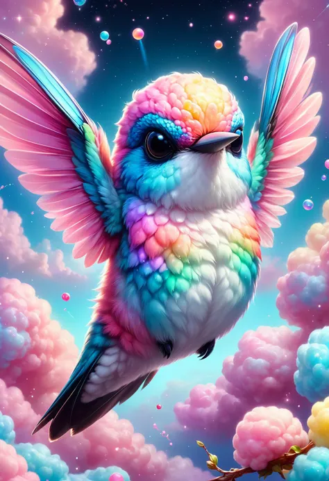 a colorful hummingbird flying through the sky with clouds and bubbles