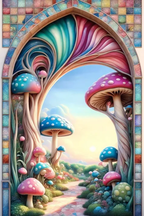 a painting of a colorful mushroom forest with a pathway