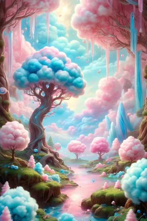 a painting of a fantasy forest with a stream and trees