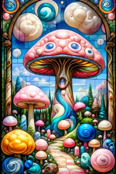 a painting of a mushroom house with many different colored mushrooms