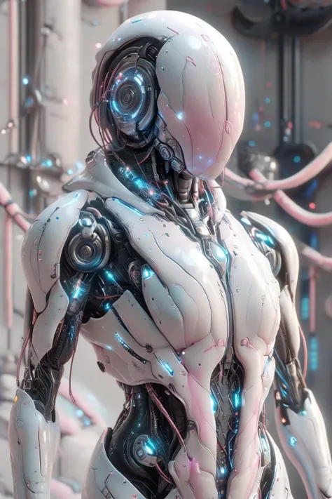 a close up of a robot with a futuristic body and headphones