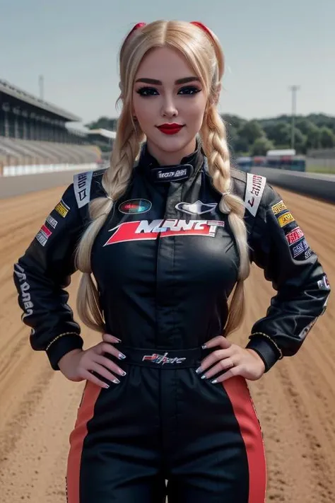 <lora:sophie-05:0.5>, sophie,photo of a woman, ((blonde hair, twintails, twin tails)), ((nascar uniform, nascar jumpsuit)), ((cowboy shot, waist, hips, thighs)), ((outdoors, racetrack, race car)),smiling, ((red lipstick, eyeliner, eye shadow, blush)), ((be...