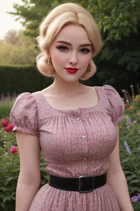 <lora:sophie-05:0.5>, sophie,photo of a woman, ((50s hairstyle, fifties hairdo, blonde hair)), ((50s dress, retro dress)), ((cowboy shot, waist, hips, thighs)), ((outdoors, garden, gardening tools)),smiling, ((red lipstick, eyeliner, eye shadow, blush)), (...