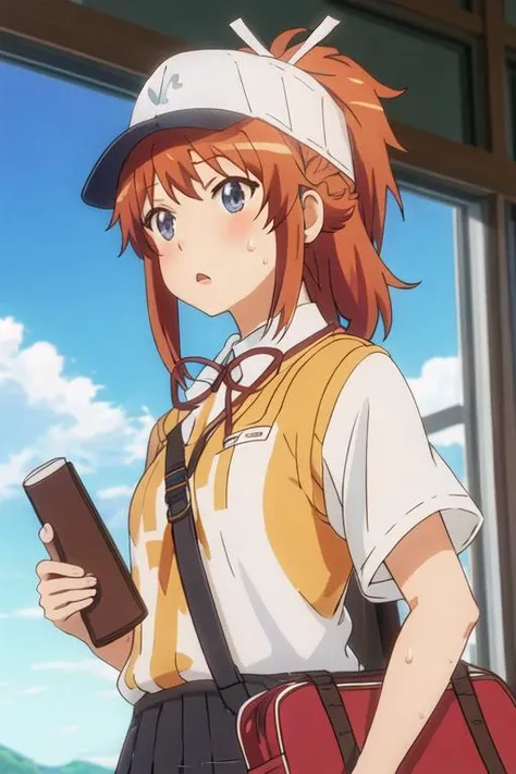 best quality, masterpiece, highres, solo, {koshigaya_natsumi_nonnonbiyori:1.15}, blue_eyes, blush, brown_hair, bangs, long_hair, closed_mouth, ponytail, ribbon, hair_ribbon, red_hair, 1girl, hat, shirt, baseball_cap, cloud, day, sky, anime_coloring, open_m...