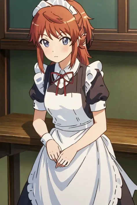 best quality, masterpiece, highres, solo, {maid:1.40}, {long maid dress:1.15}, {koshigaya_natsumi_nonnonbiyori:1.15}, blue_eyes, blush, brown_hair, bangs, long_hair, closed_mouth, ponytail, ribbon, hair_ribbon, red_hair