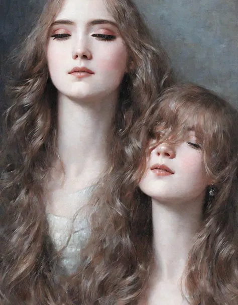 a painting of two girls with long hair and a white dress