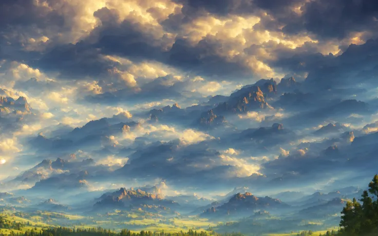 widescreen scenery in sky thunderstorm, mountains, cumulus clouds, sparkle, long shot, elden ring style