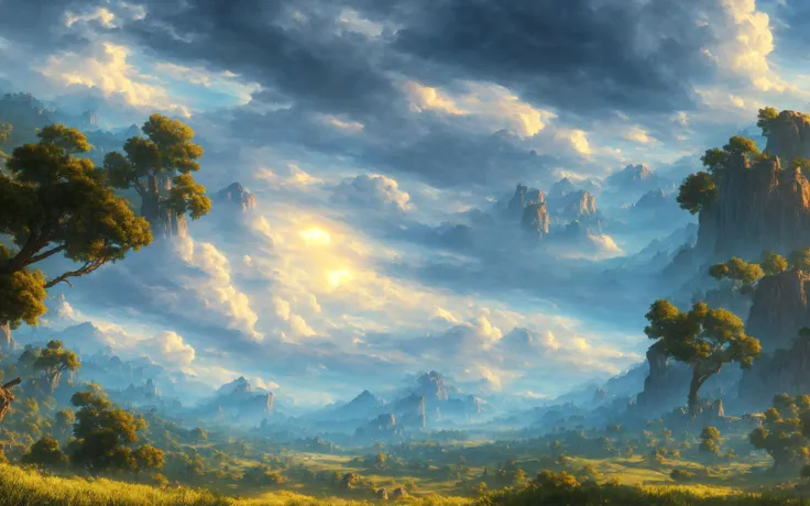 a painting of a mountain landscape with a sky background