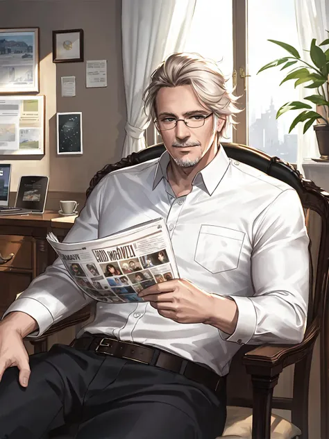 masterpiece,best quality,highres,1boy,<lora:ShadowverseVincentV3:0.75>,old,white shirt,coffee cup,sitting on office chair,desk,West Streetscape through window,looking at viewer,(beard:0.43),(smile:0.43),reading,newspaper,glasses