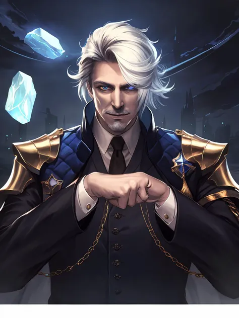 masterpiece,best quality,highres,cinematic lighting,dramatic angle,<lora:ShadowverseVincentV4-000021:0.8>  ,1man,old,formal,suit,tie,white hair,collar,medal,(beard:0.86),looking at viewer,magic,rune,floating objects,crystals,aura,smile,shushing,hand on own...