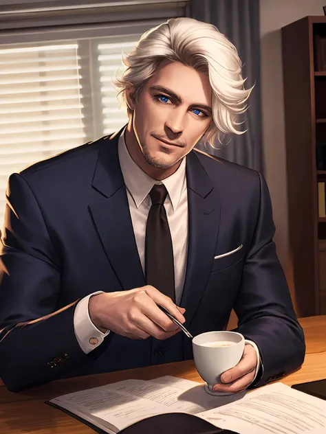 masterpiece,best quality,highres,cinematic lighting,dramatic angle,<lora:ShadowverseVincentV4-000021:0.8>  ,1man,formal,suit,tie,white hair,collar,white shirt,black jacket,(beard:0.68),looking at viewer,smile,holding steamy coffe,blue eyes,dynatic angle,de...