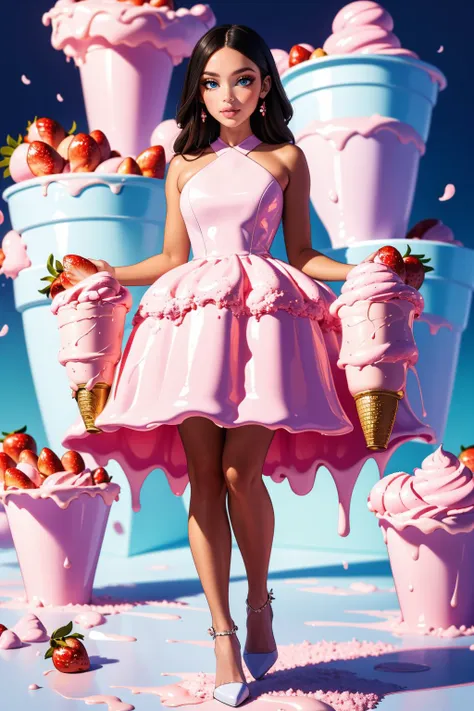 a woman in a pink dress standing in front of a giant ice cream cone