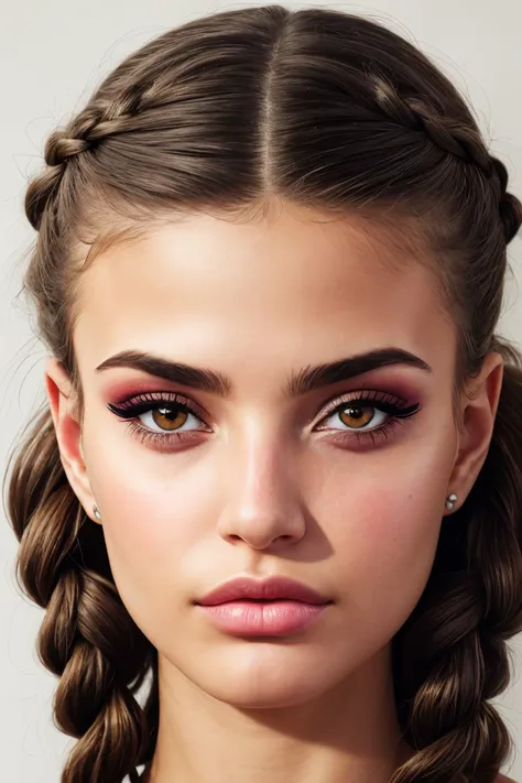 a woman with a braid updo and a pink eye makeup